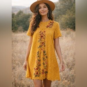 Umgee Mustard Lace Embroidered Shift Dress / Tunic‎ – Boho Cottagecore/